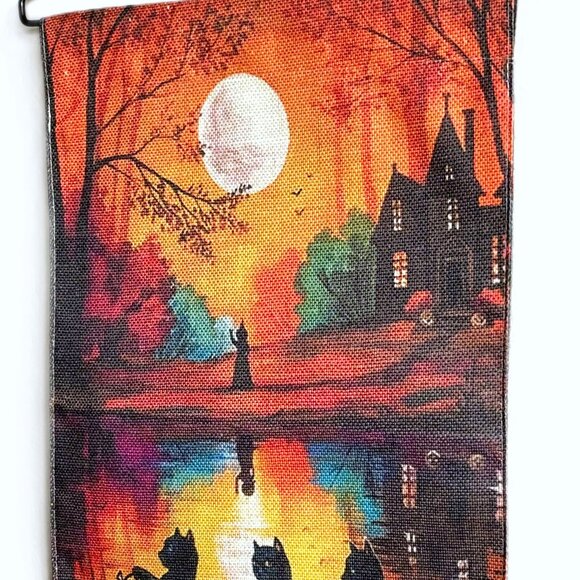 Durable Burlap Colorful Halloween Spooky Black Cats Witch Full Moon Flag Hanging - Picture 6 of 7